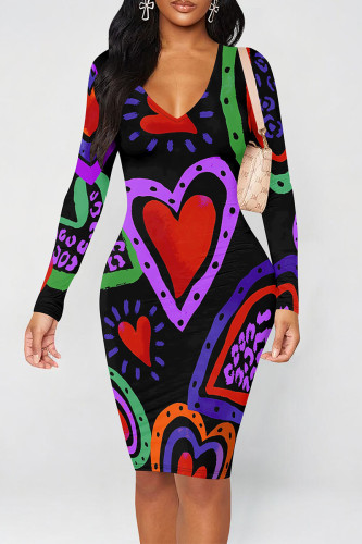 Black Street Geometric Print Heart Pattern Contrast V Neck Printed Dresses