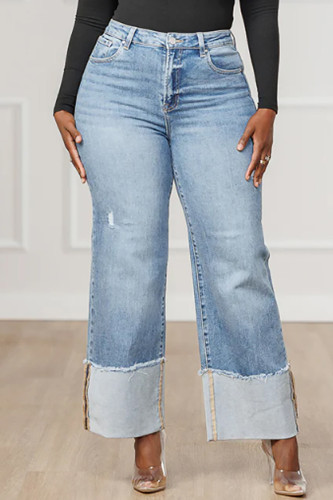 Blue Casual Solid Color Patchwork Mid Waist Regular Denim Jeans
