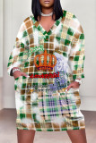 White Rose Red Street Plaid Pocket Patchwork Contrast V Neck Printed Plus Size Dresses