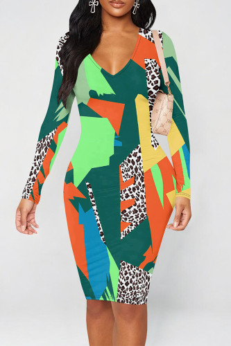 Green Sexy Camouflage Print Leopard Contrast V Neck Printed Dresses