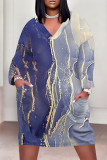 Reddish Brown Casual Striped Print Pocket Contrast V Neck Printed Plus Size Dresses