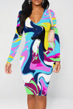 Fuchsia Street Geometric Print Heart Pattern Contrast V Neck Printed Dresses