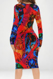 Fuchsia Street Geometric Print Heart Pattern Contrast V Neck Printed Dresses