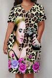 Black Street Graffiti Print Stripe Leopard Pocket Contrast V Neck Printed Plus Size Dresses
