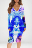 Fuchsia Street Geometric Print Heart Pattern Contrast V Neck Printed Dresses
