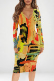 Purple Elegant Floral Print Contrast V Neck Printed Dresses