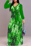 Light Green Casual The stars Leaves Lace Up Contrast V Neck Printed Dresses