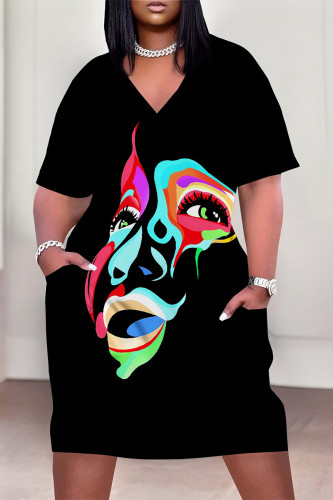 Black Street Graffiti Print Stripe Leopard Pocket Contrast V Neck Printed Plus Size Dresses