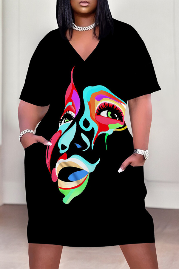 Black Street Graffiti Print Stripe Leopard Pocket Contrast V Neck Printed Plus Size Dresses