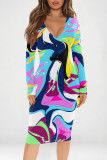 Fuchsia Street Geometric Print Heart Pattern Contrast V Neck Printed Dresses