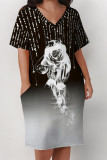 Cyan Gray Street Animal Print Flowers Letters Pocket Contrast V Neck Printed Plus Size Dresses