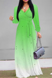 Light Green Casual The stars Leaves Lace Up Contrast V Neck Printed Dresses