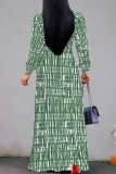Light Green Casual The stars Leaves Lace Up Contrast V Neck Printed Dresses