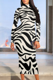 Multicolor Street Stripe Splashed ink printing Contrast Half A Turtleneck Printed Dresses