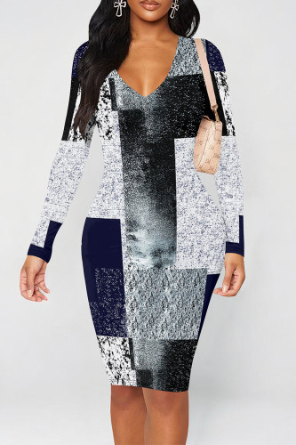White Grey Casual Geometric Print Contrast V Neck Printed Dresses