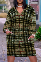 Olive Green Street Plaid Pocket Patchwork Contrast V Neck Printed Plus Size Dresses