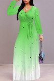 Light Green Casual The stars Leaves Lace Up Contrast V Neck Printed Dresses