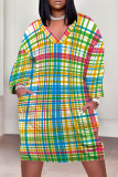 White Rose Red Street Plaid Pocket Patchwork Contrast V Neck Printed Plus Size Dresses