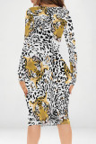 Green Sexy Camouflage Print Leopard Contrast V Neck Printed Dresses