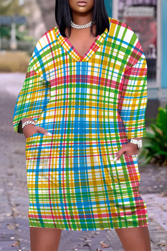 Red Green Street Plaid Pocket Patchwork Contrast V Neck Printed Plus Size Dresses
