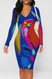 Purple Elegant Floral Print Contrast V Neck Printed Dresses