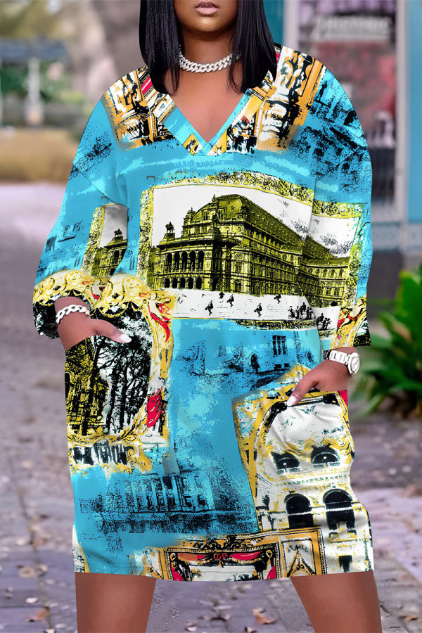 Blue Casual Striped Print Pocket Contrast V Neck Printed Plus Size Dresses