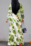 Light Green Casual The stars Leaves Lace Up Contrast V Neck Printed Dresses