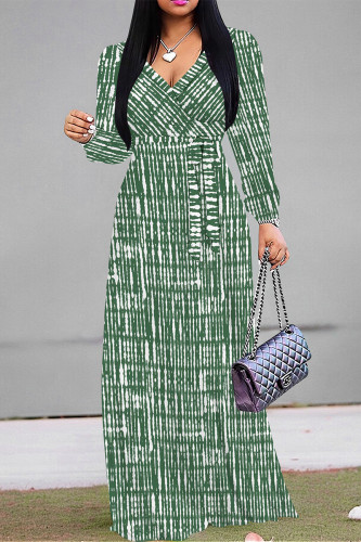 Green Casual The stars Leaves Lace Up Contrast V Neck Printed Dresses