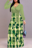 Light Green Casual The stars Leaves Lace Up Contrast V Neck Printed Dresses
