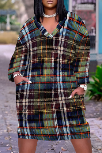 Brown Street Plaid Pocket Patchwork Contrast V Neck Printed Plus Size Dresses