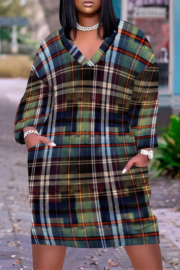 Brown Street Plaid Pocket Patchwork Contrast V Neck Printed Plus Size Dresses