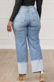 Blue Casual Solid Color Patchwork Mid Waist Regular Denim Jeans