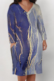 Reddish Brown Casual Striped Print Pocket Contrast V Neck Printed Plus Size Dresses