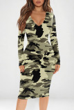 Green Sexy Camouflage Print Leopard Contrast V Neck Printed Dresses