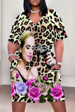 Black Street Graffiti Print Stripe Leopard Pocket Contrast V Neck Printed Plus Size Dresses