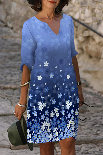 Blue Casual Geometric Print Flowers Contrast V Neck Printed Dresses