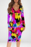 Fuchsia Street Geometric Print Heart Pattern Contrast V Neck Printed Dresses
