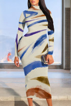 Colour Street Stripe Splashed ink printing Contrast Half A Turtleneck Printed Dresses