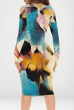 Purple Elegant Floral Print Contrast V Neck Printed Dresses