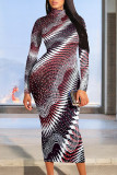 Multicolor Street Stripe Splashed ink printing Contrast Half A Turtleneck Printed Dresses