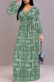 Light Green Casual The stars Leaves Lace Up Contrast V Neck Printed Dresses