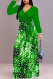 Light Green Casual The stars Leaves Lace Up Contrast V Neck Printed Dresses