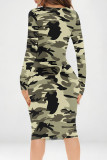 Green Sexy Camouflage Print Leopard Contrast V Neck Printed Dresses