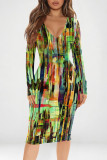 Fuchsia Street Geometric Print Heart Pattern Contrast V Neck Printed Dresses