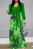 Light Green Casual The stars Leaves Lace Up Contrast V Neck Printed Dresses