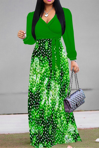 Grass Green Casual The stars Leaves Lace Up Contrast V Neck Printed Dresses