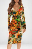 Purple Elegant Floral Print Contrast V Neck Printed Dresses