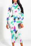 Multicolor Street Stripe Splashed ink printing Contrast Half A Turtleneck Printed Dresses