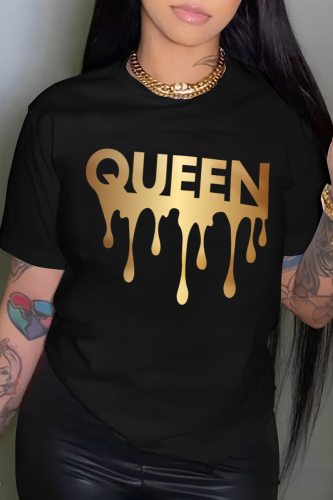 Black Casual Letter Print Contrast O Neck T-Shirts