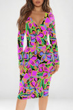 Purple Elegant Floral Print Contrast V Neck Printed Dresses